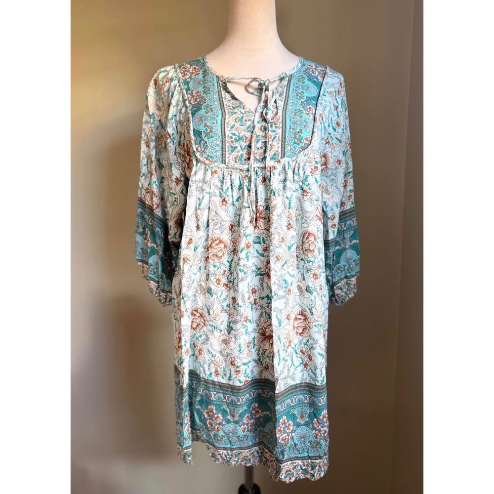 Boho Floral Mini Dress Blue Teal Babydoll Tie Neck Med cottage resort bohemian y